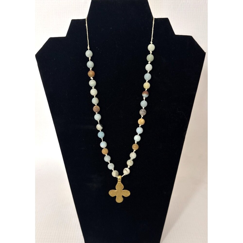 Corded & Knotted Beaded Necklace With Goldtone Cross Pendant